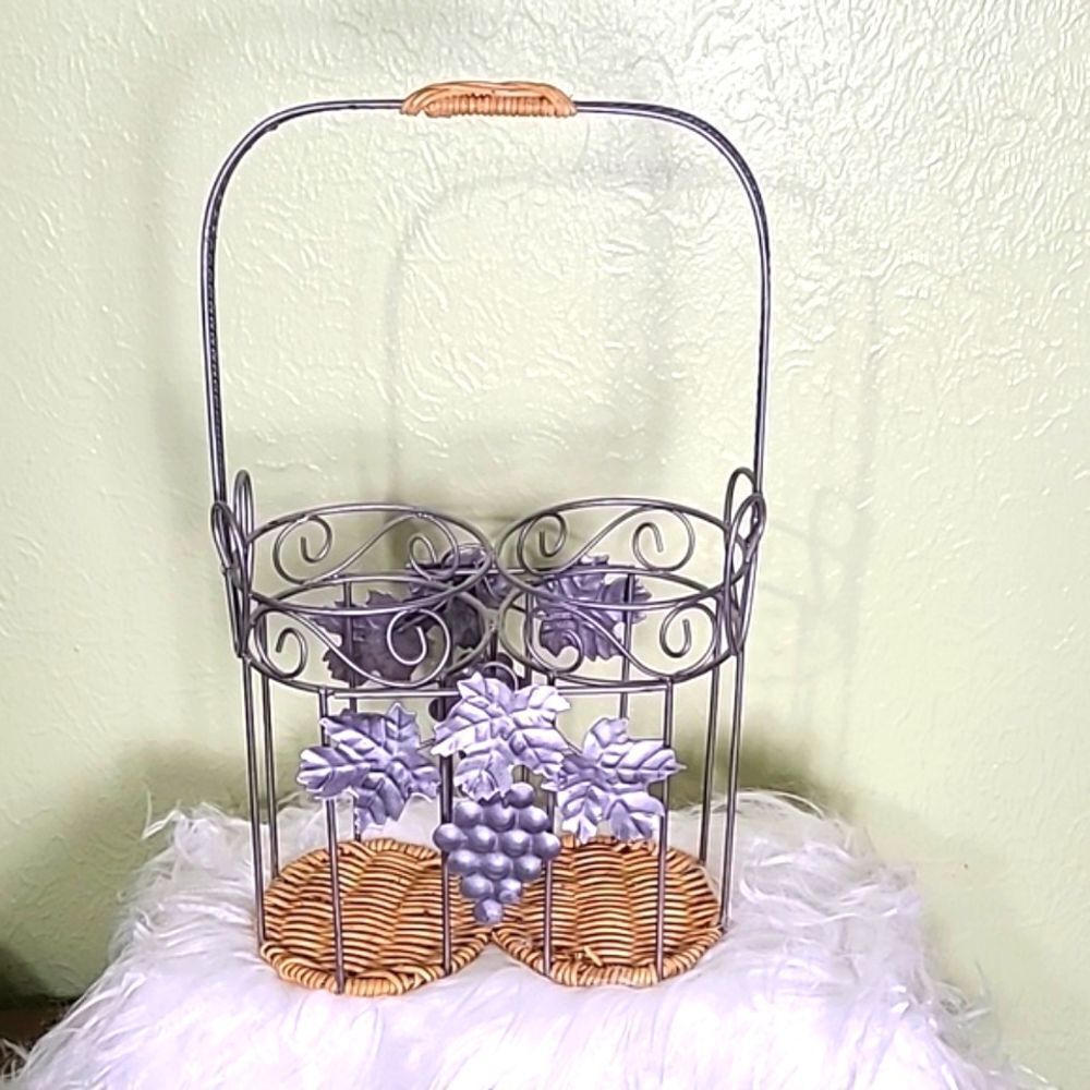 Metal & Wicker Double Wine Carrier with Metal Grapes & Leaves - Picture 2 of 8